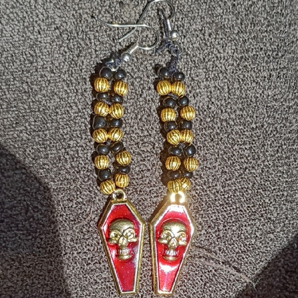 Red and Gold Skull Coffin Earrings